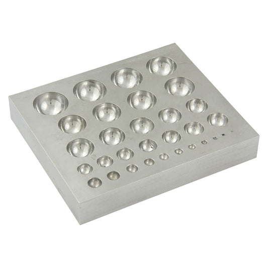 Flat dapping plate. Size 7"W x 6"D x 1"H. 31 full half-spheres from 3mm to 33mm