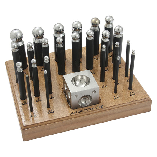 24 pieces dapping punch set with block. 21 pcs of punches from 2.7mm to 24.5mm in diameter with wooden stand