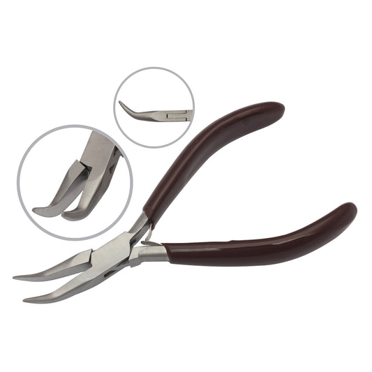 Long bent chain nose plier. Smooth jas 150mm. Spring & PVC handles