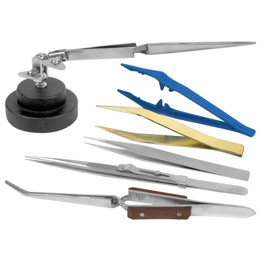 Workbench Tweezers Set. 6 Tweezers and 1 Holder.